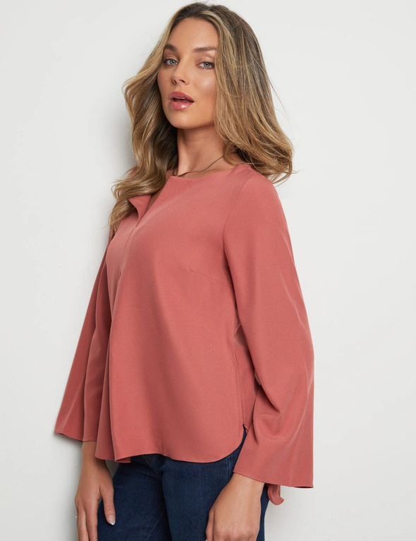 Rockmans Long Flared Sleeve Woven Pleat Front Top, hi-res image number null