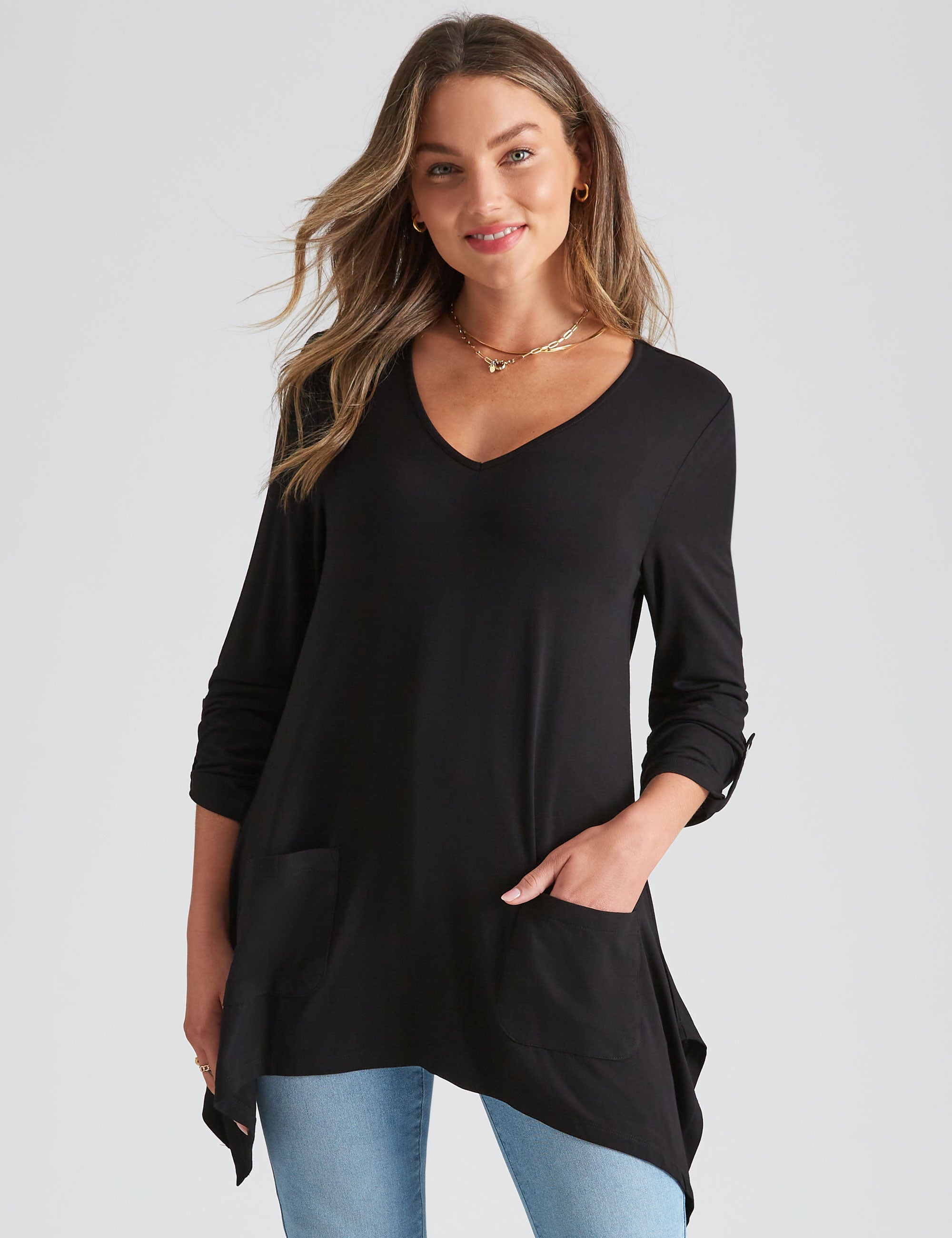 Rockmans Long Sleeve Pocket Knitwear Sharkbite Tunic | Crossroads