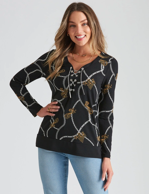 Rockmans Long Sleeve Knitwear Chain Lace Up Neck Top, hi-res image number null