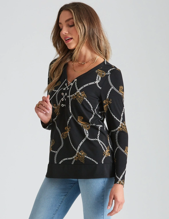 Rockmans Long Sleeve Knitwear Chain Lace Up Neck Top, hi-res image number null