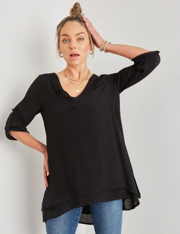 Rockmans V Neck Woven Double Layer Longline Top, hi-res image number null