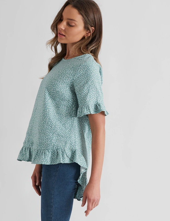 Rockmans Elbow Sleeve Frill Button Back Woven Top, hi-res image number null