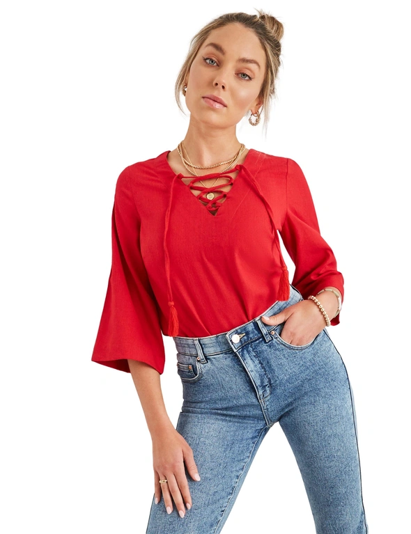 Rockmans 3/4 Bell Sleeve Tie Front Neck Woven Top, hi-res image number null