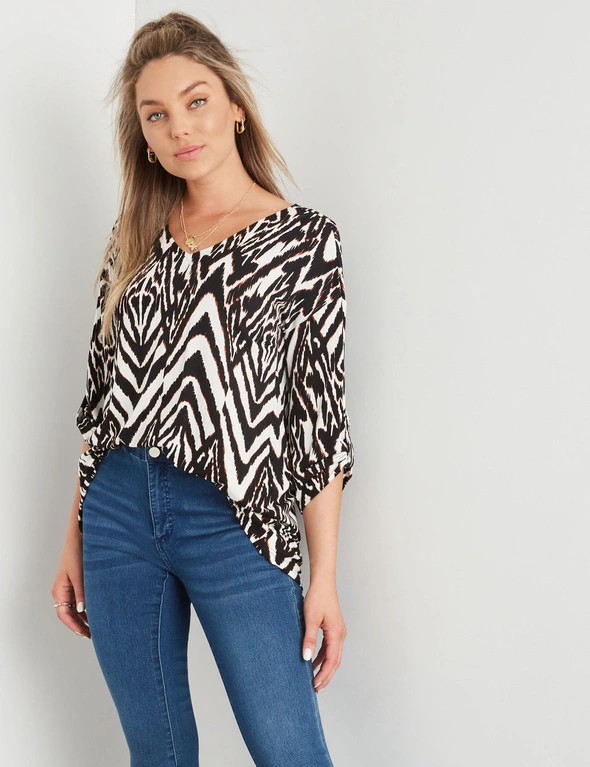 Rockmans 3/4 Sleeve Pleat Back High Low Knitwear Top, hi-res image number null