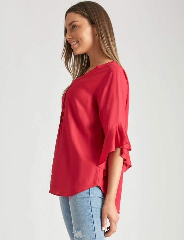 Rockmans 7/8 Length Frill Sleeve Pintuck Woven Blouse, hi-res image number null