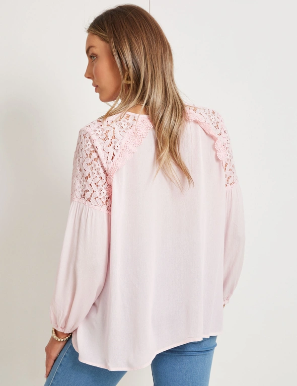 Rockmans Long Sleeve Lace Yoke Woven Peasant Top, hi-res image number null