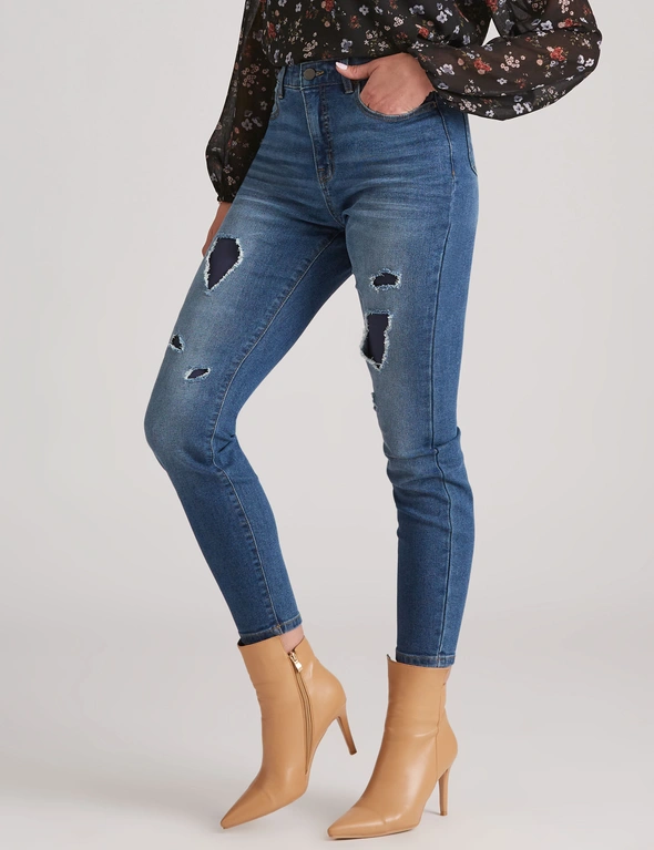 Rockmans Full Length Distressted Patch Skinny Jeans, hi-res image number null