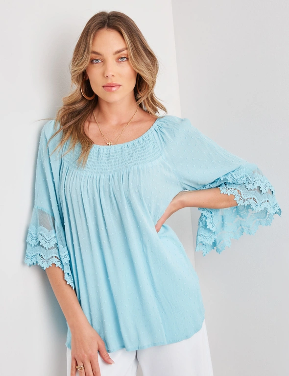 Rockmans Elbow Frill Sleeve Shirred Hailspot Top, hi-res image number null