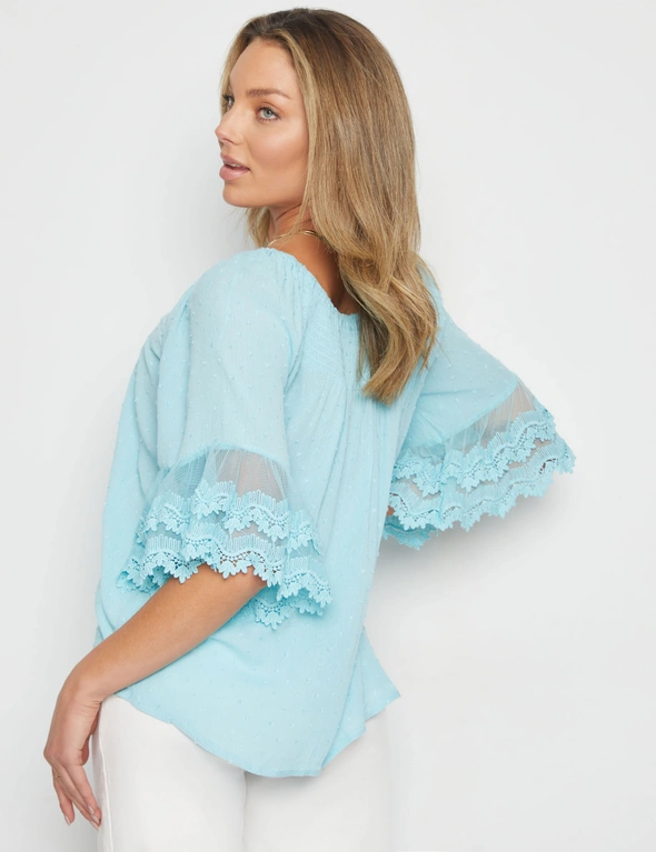 Rockmans Elbow Frill Sleeve Shirred Hailspot Top, hi-res image number null