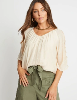Rockmans Extended Sleeve Woven Lace Shoulder Top