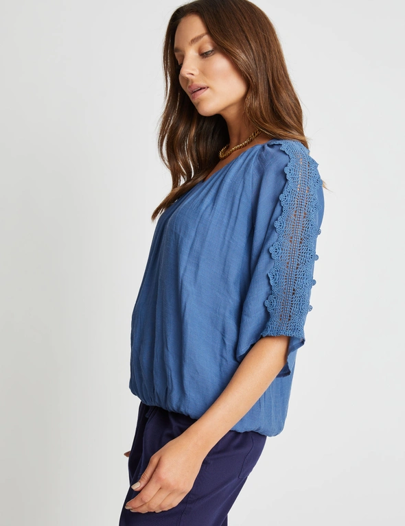 Rockmans Extended Sleeve Woven Lace Shoulder Top, hi-res image number null