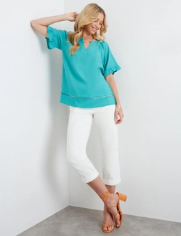 Rockmans Elbow Sleeve Frill Detail Woven Top