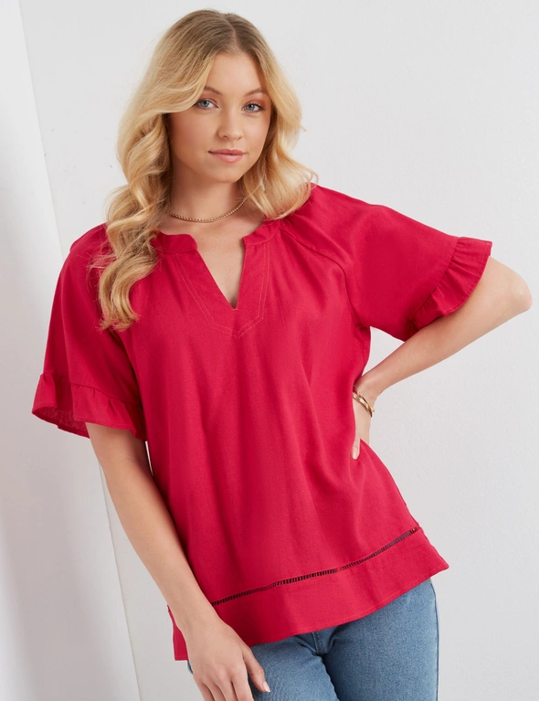 Rockmans Elbow Sleeve Frill Detail Woven Top, hi-res image number null