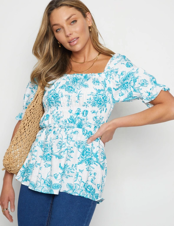 Rockmans Square Neck Frill Balloon Sleeve Shirred Top, hi-res image number null
