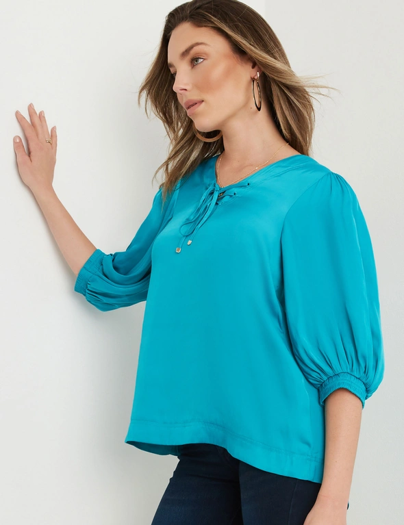 Rockmans Elbow Sleeve Lace Up Balloon Sleeve Satin Top, hi-res image number null