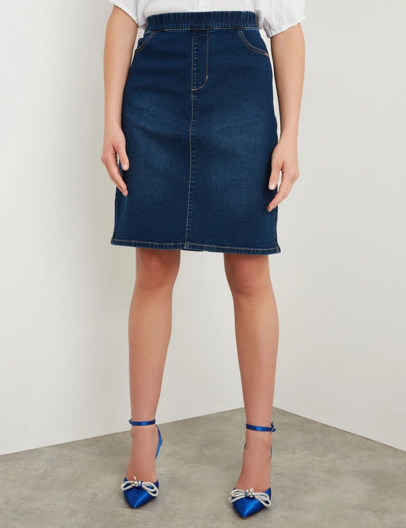 Rockmans Knee Length 4 Pocket Pull On Denim Skirt, hi-res image number null