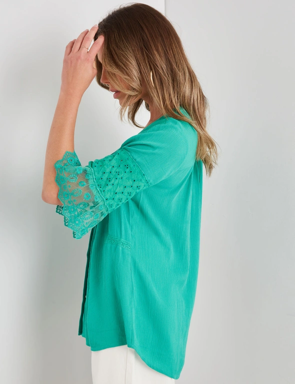 Rockmans Elbow Sleeve Crinkle Lace Detail Woven Top, hi-res image number null
