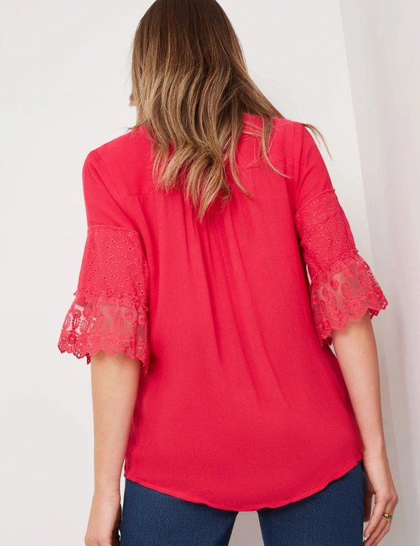 Rockmans Elbow Sleeve Crinkle Lace Detail Woven Top, hi-res image number null