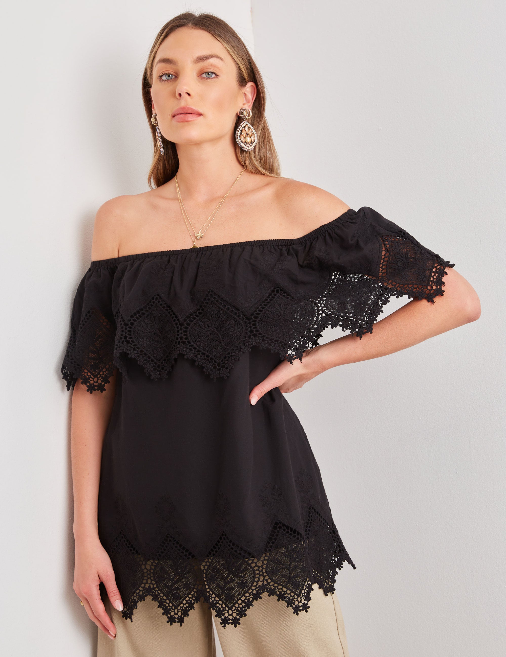 Rockmans Off The Shoulder Lace Detail Woven Top | Crossroads