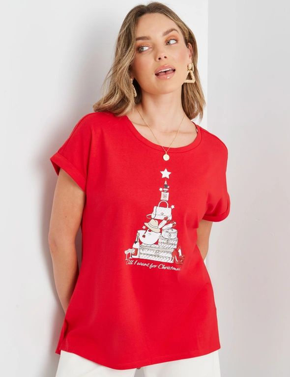 Rockmans Short Sleeve Round Neck Xmas Tee, hi-res image number null