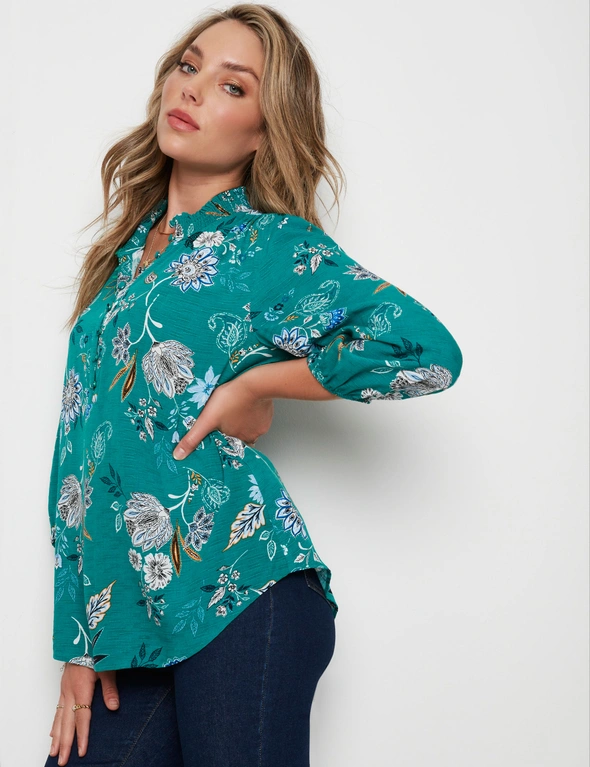 Rockmans Short Sleeve Floral Placement Print Button Through Top, hi-res image number null