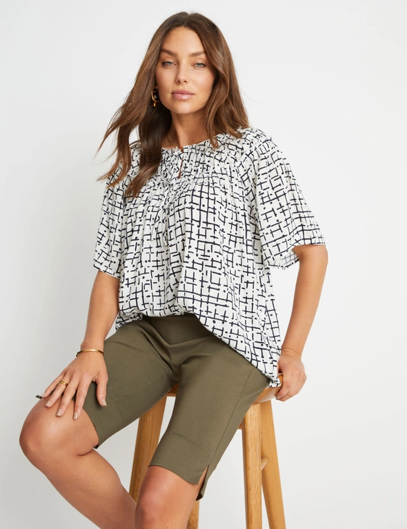 Rockmans Short Sleeve Ruched Neck Mono Print Top, hi-res image number null