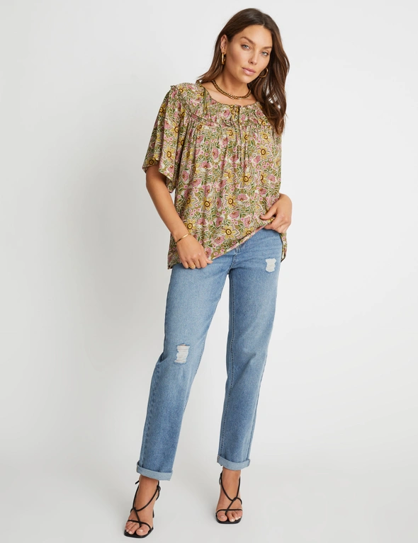 Rockmans Short Sleeve Ruched Neck Mono Print Top, hi-res image number null