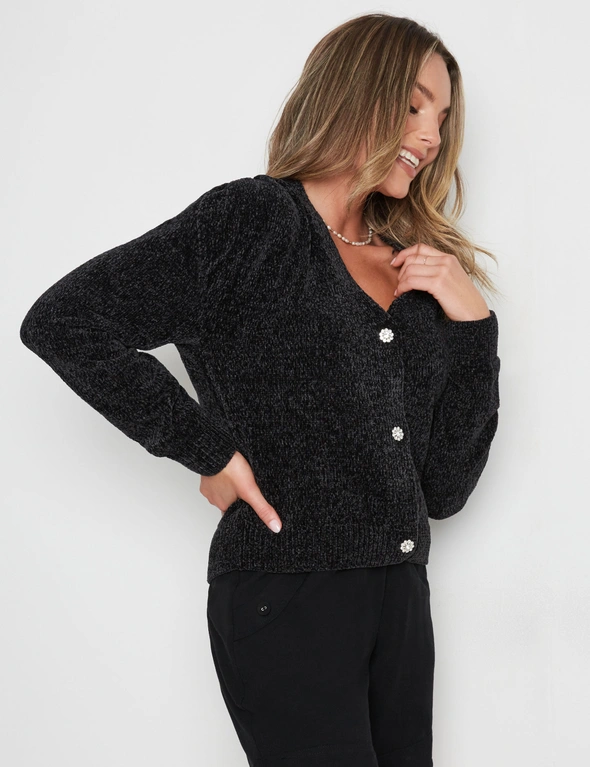 Rockmans Long Sleeve Chenille Button Detail Cardigan, hi-res image number null
