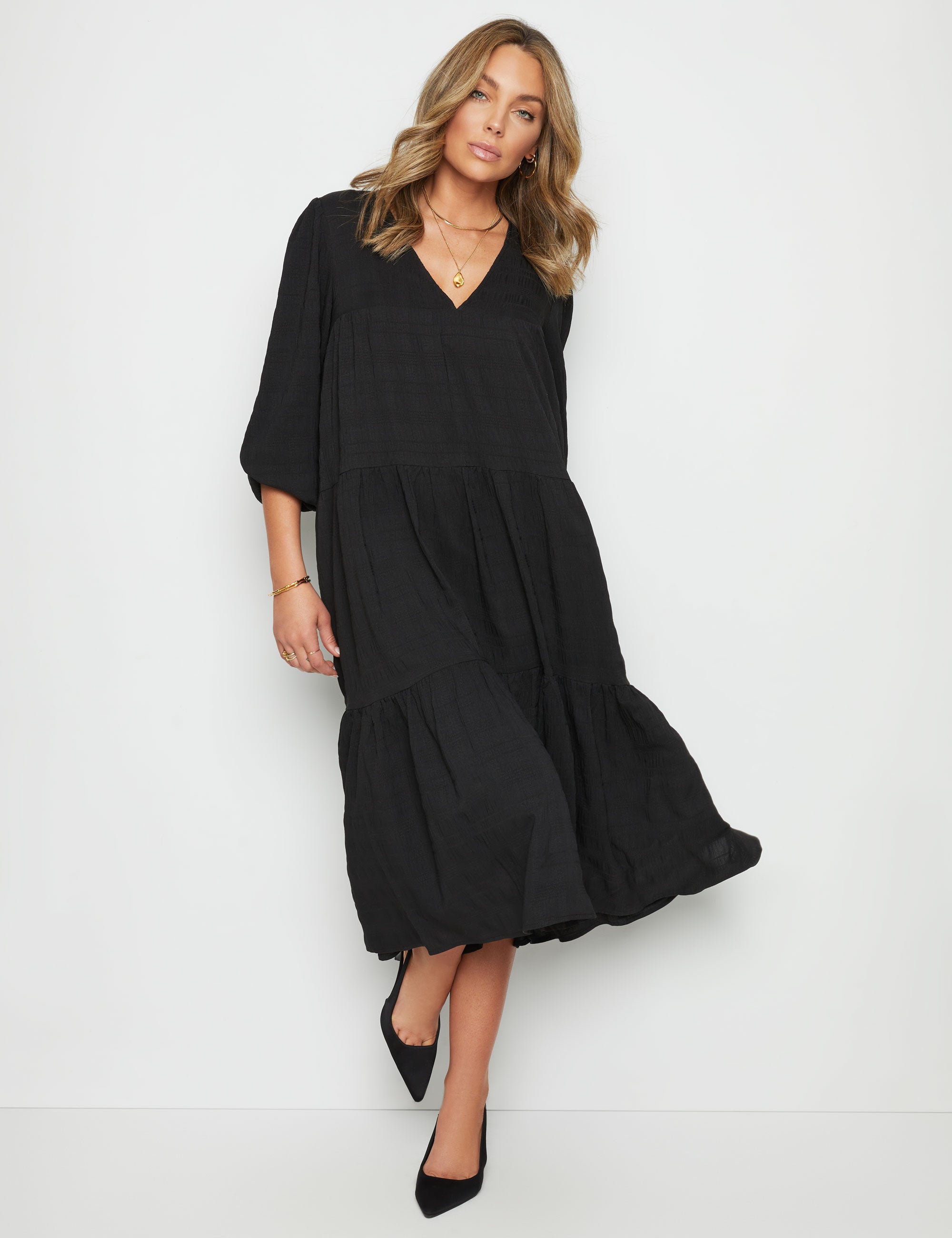 Rockmans Long Seeve Tiered Maxi Dress | EziBuy Australia