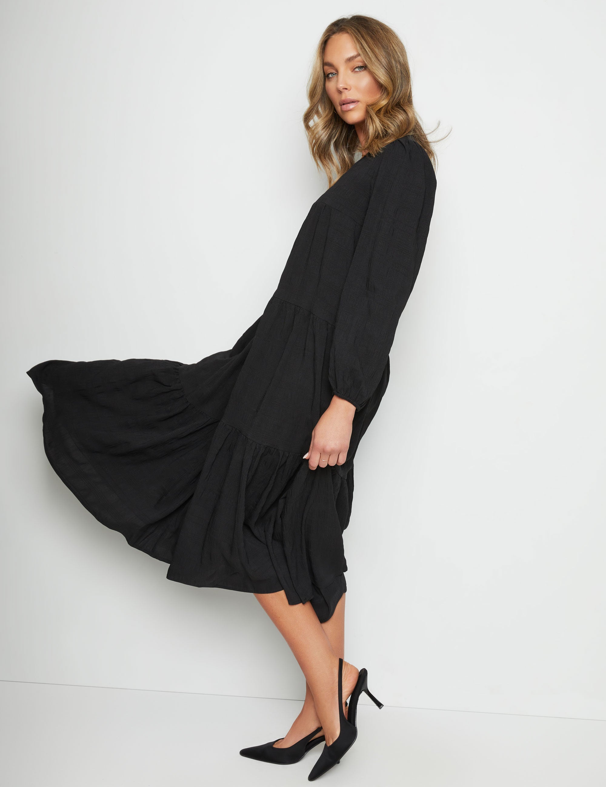 Rockmans Long Seeve Tiered Maxi Dress | EziBuy Australia