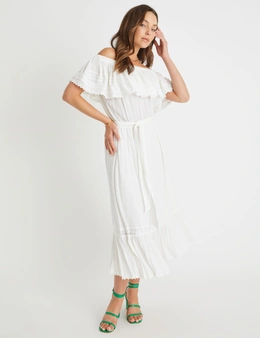 Rockmans Off The Shoulder Tiered LaceDetail Woven Midi Dress