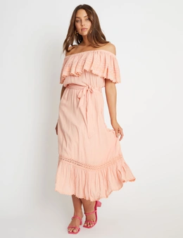 Rockmans Off The Shoulder Tiered LaceDetail Woven Midi Dress