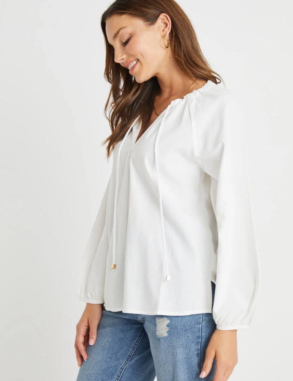 Rockmans Rope Detail Linen Long Sleeve Peasant Top, hi-res image number null