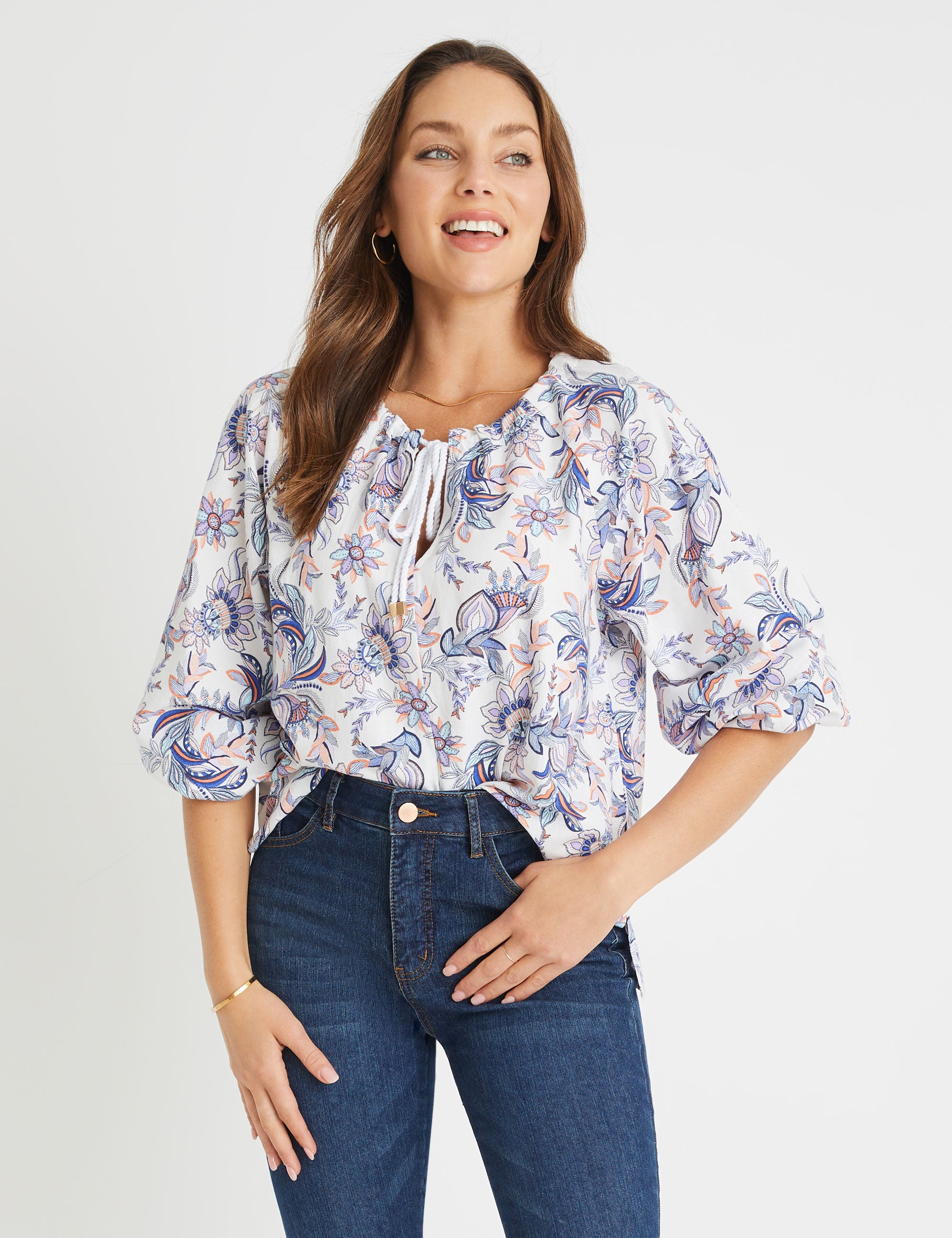 Rockmans Rope Detail Linen Long Sleeve Peasant Top | EziBuy Australia