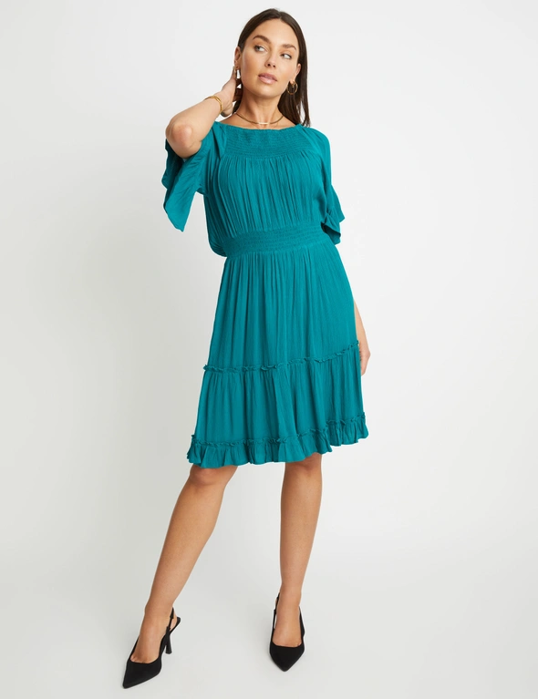 Rockmans Elbow Flared Sleeve Knee Length Crinkle Woven Dress, hi-res image number null