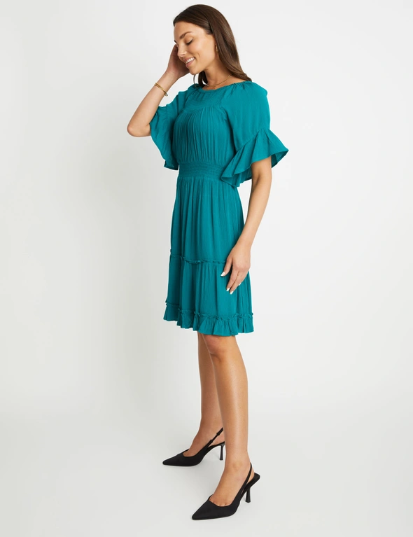 Rockmans Elbow Flared Sleeve Knee Length Crinkle Woven Dress, hi-res image number null