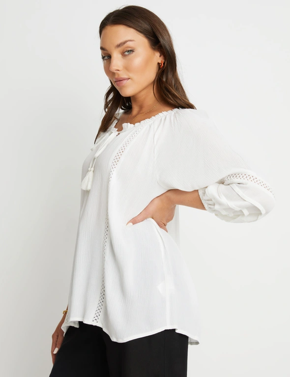 Rockmans Short Sleeve Lace Trim Detail Woven Peasant Top, hi-res image number null