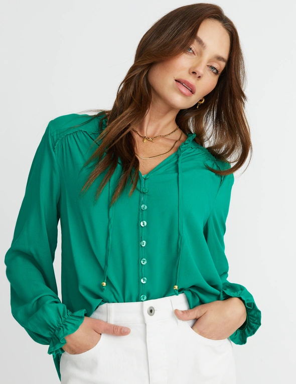 Rockmans Puff Sleeve Lace Detail Tie Top, hi-res image number null
