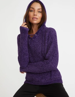 Rockmans Chenille Hooded Lace Up Jumper