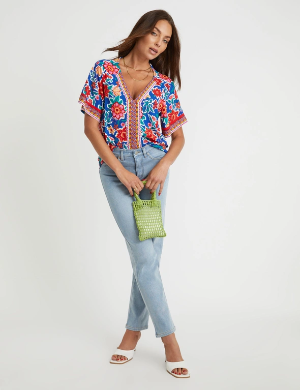 Rockmans Contrast Placket Ruffle Sleeve Top, hi-res image number null