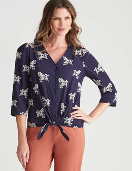 W.Lane Dobby Embroidered Tie Front Top