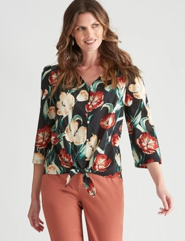 W.Lane Dobby Embroidered Tie Front Top