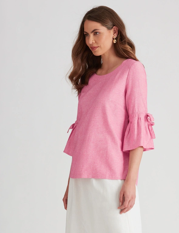 W.Lane Linen Gathered Tie Sleeve Top, hi-res image number null